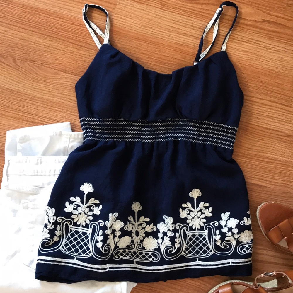 Navy/cream embroidered tank